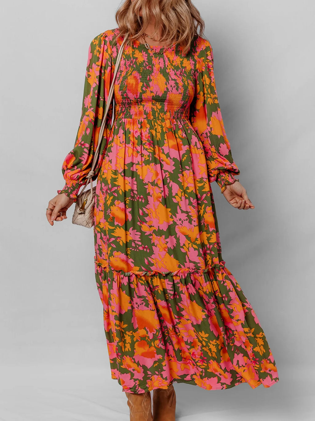 Smocked Floral Print Long Sleeve Maxi Dress