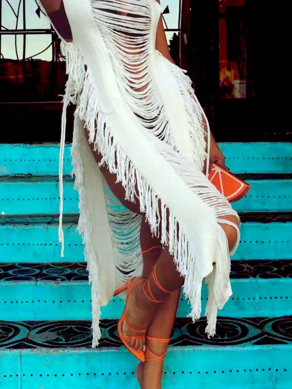 Fringe Split Square Neck Midi Dress