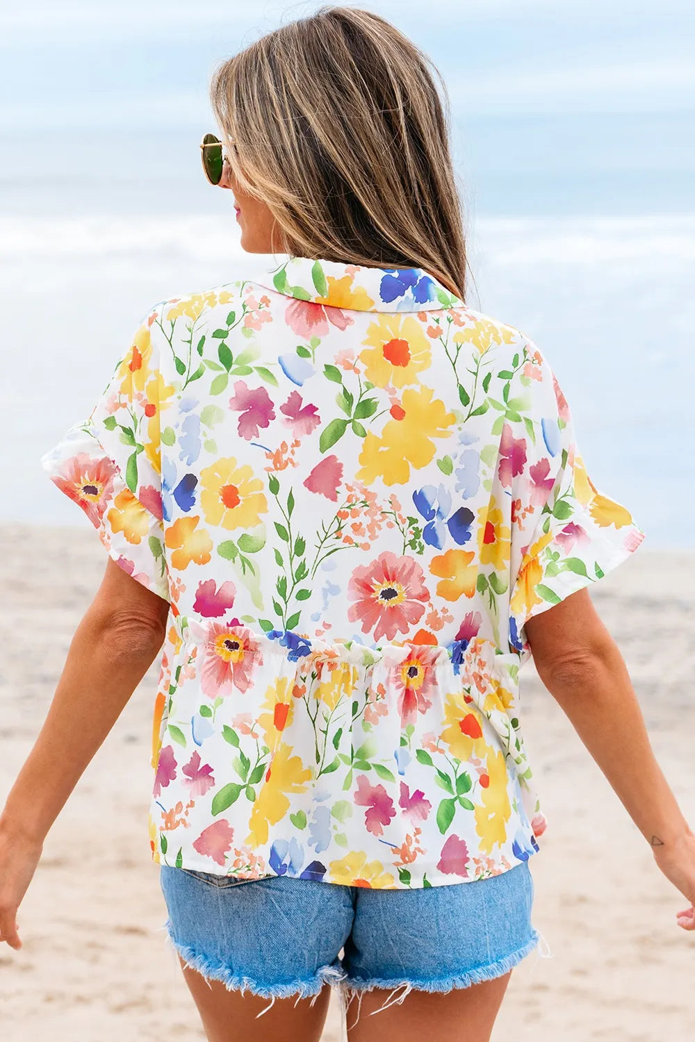 Floral Boxy Fit Ruffled Short Sleeve Blouse