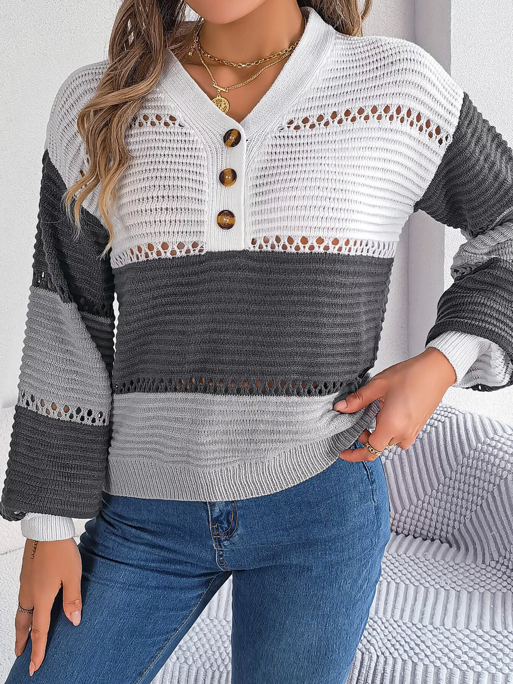 Color Block Striped V-Neck Button Detail Sweater