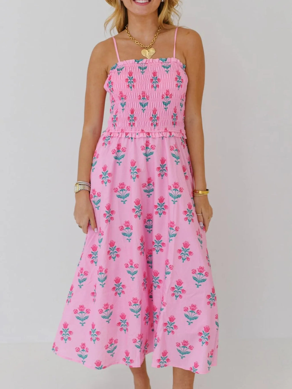Floral Smocked Adjustable Strap Midi Cami Dress