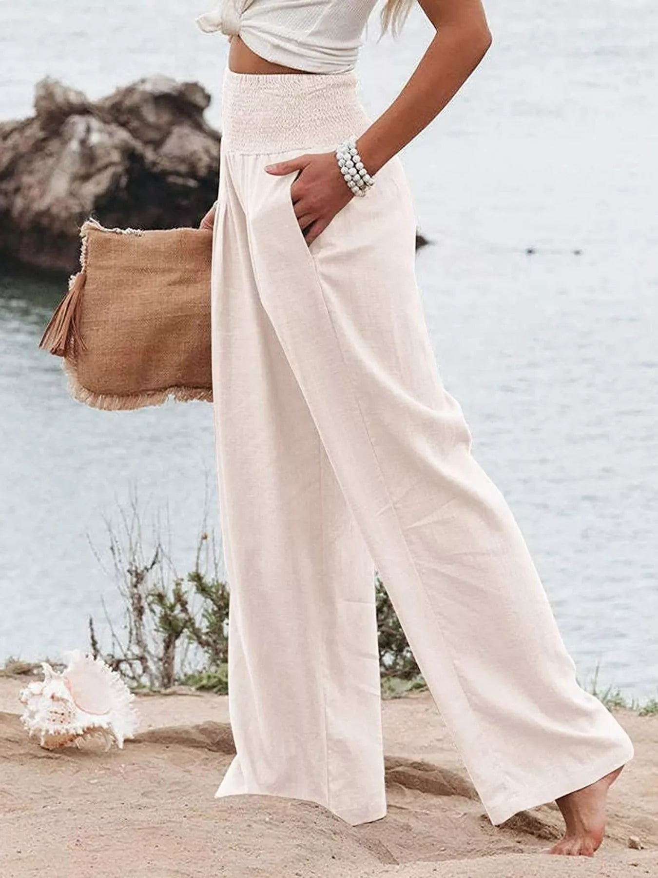 Smocked High Waisted Wide Leg Pants