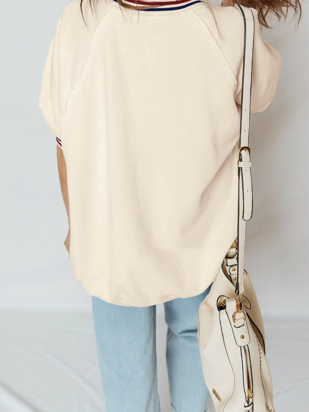 Contrast Varsity Striped Neckline Cuffed Short Sleeve Loose Tunic Top