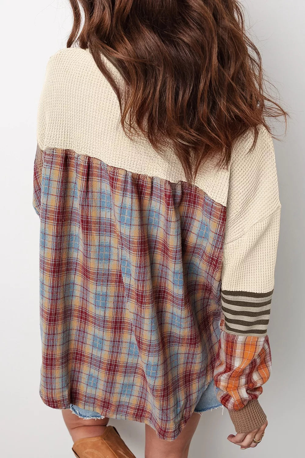 Waffle Knit Plaid Patchwork Long Sleeve Blouse