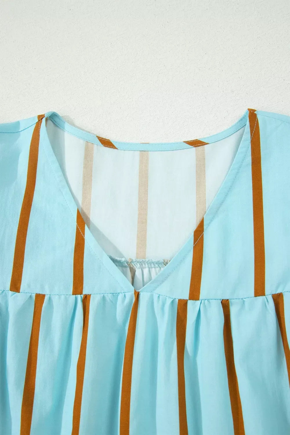 Stripe Ricrac Trim Double Ruffled Short Sleeve V Neck Blouse