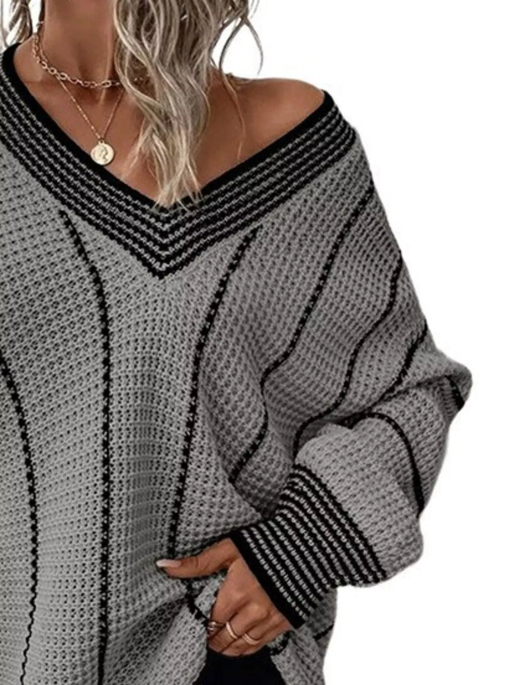 Full Size V-Neck Textured Knit Sweater Plus Size