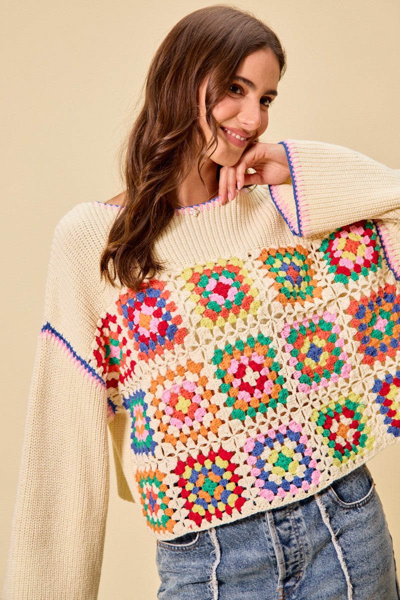 SO ME Multi Color Granny Crochet Lace Sweater Top