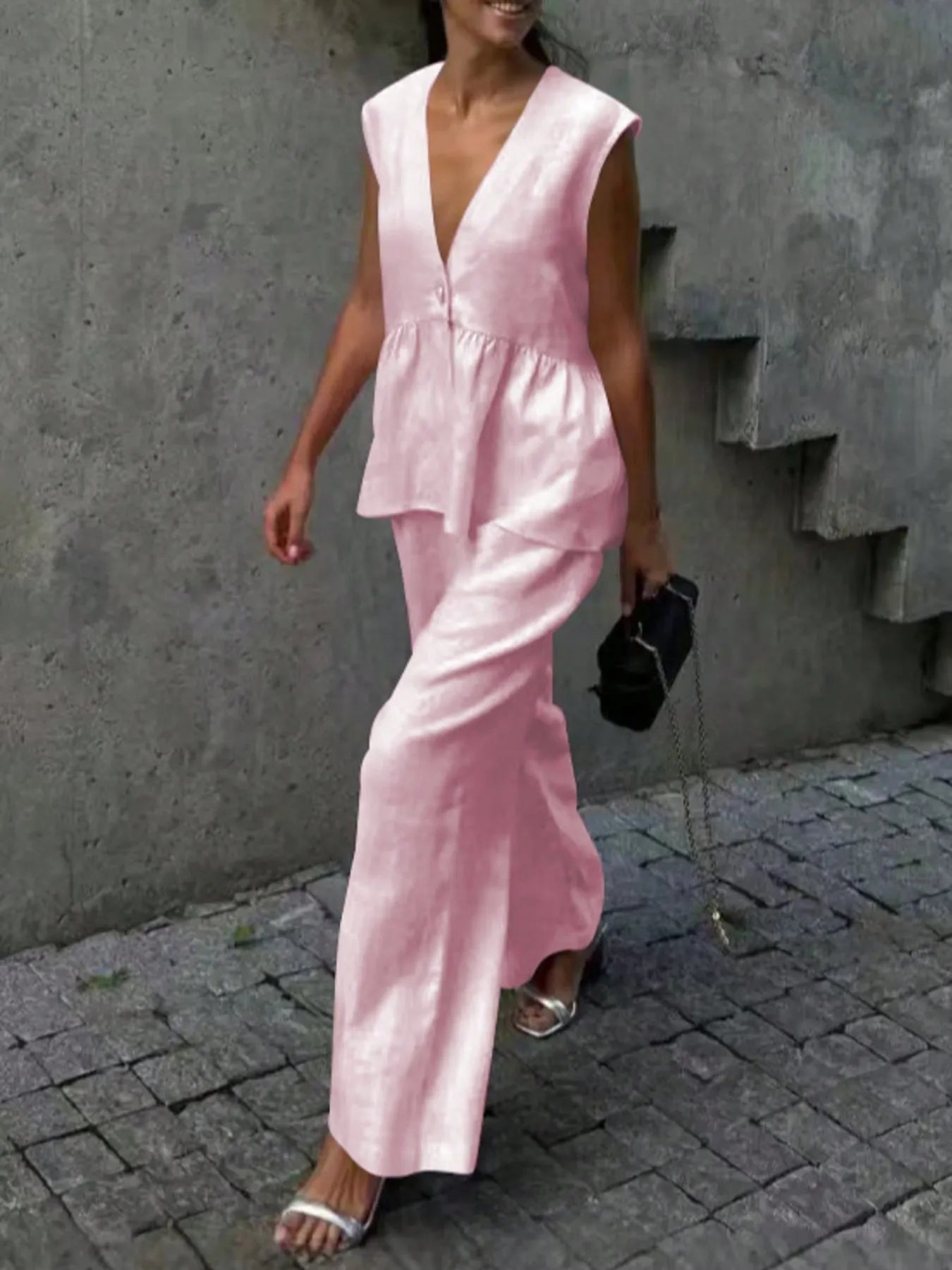 Button Down Peplum Vest and Pants Set