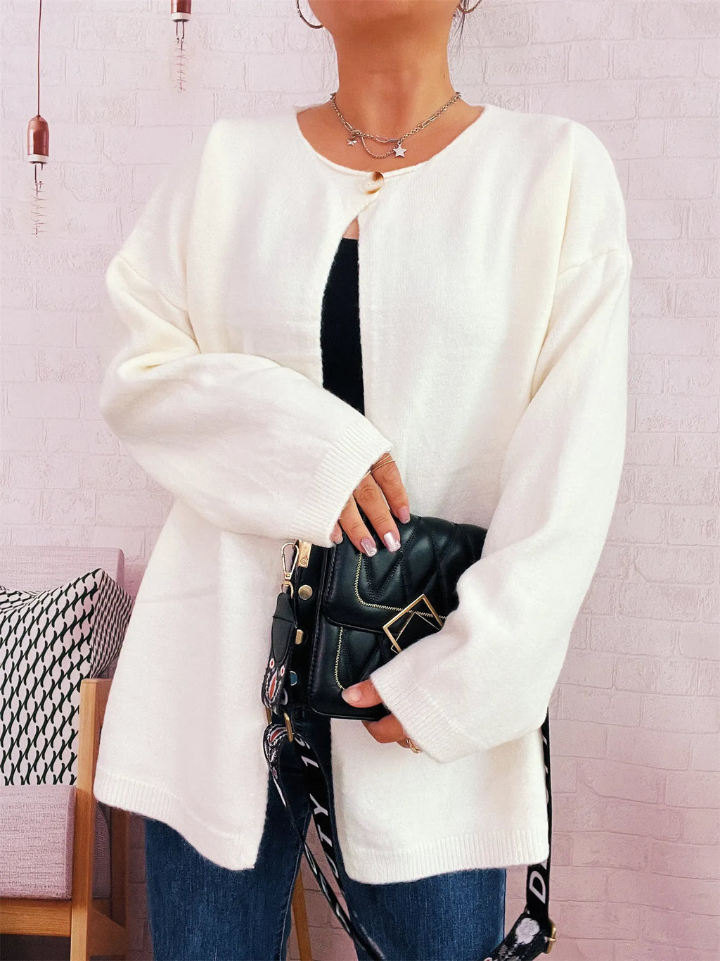 One Button Front Drop Shoulder Cardigan