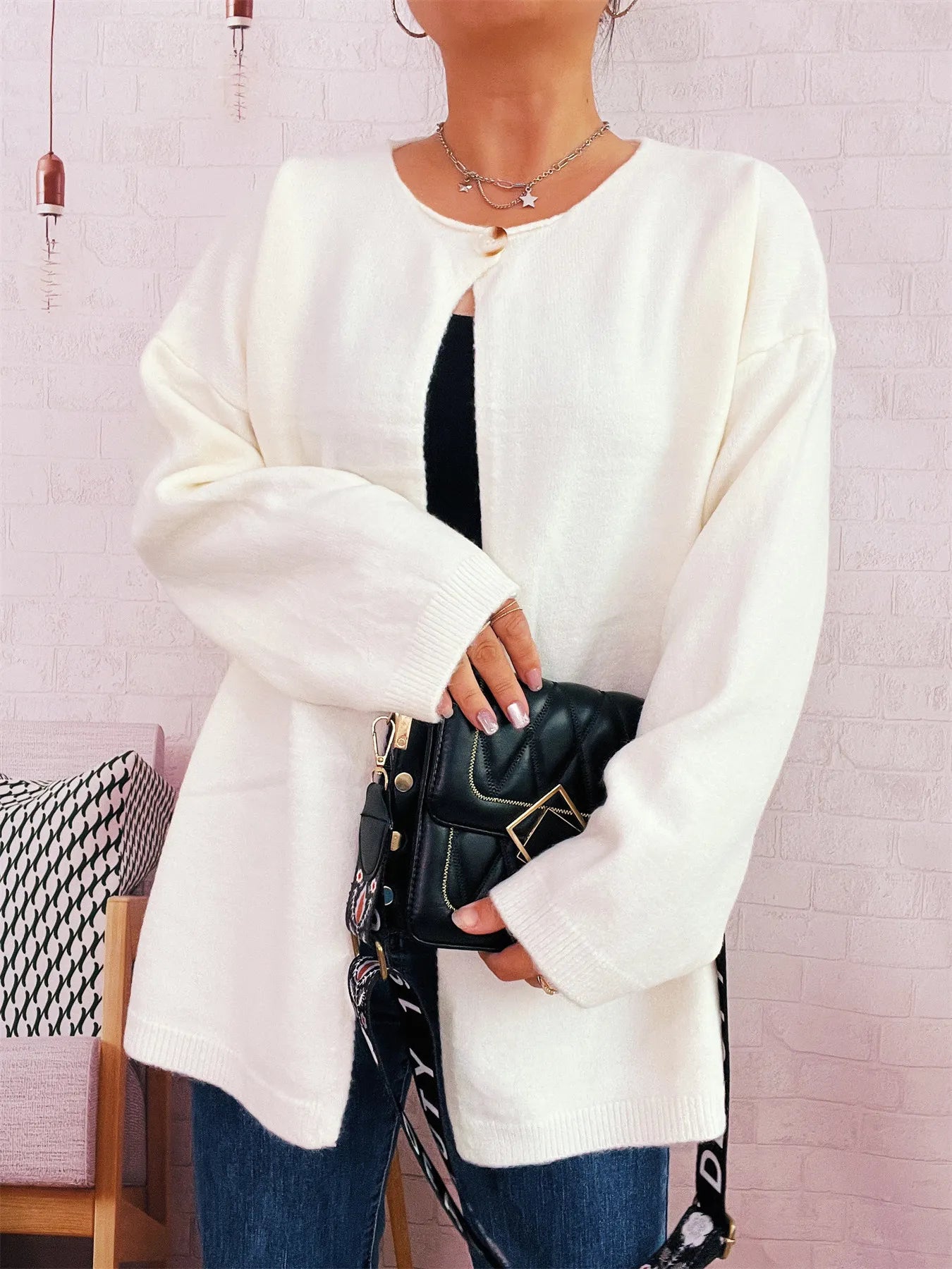 One Button Front Drop Shoulder Cardigan