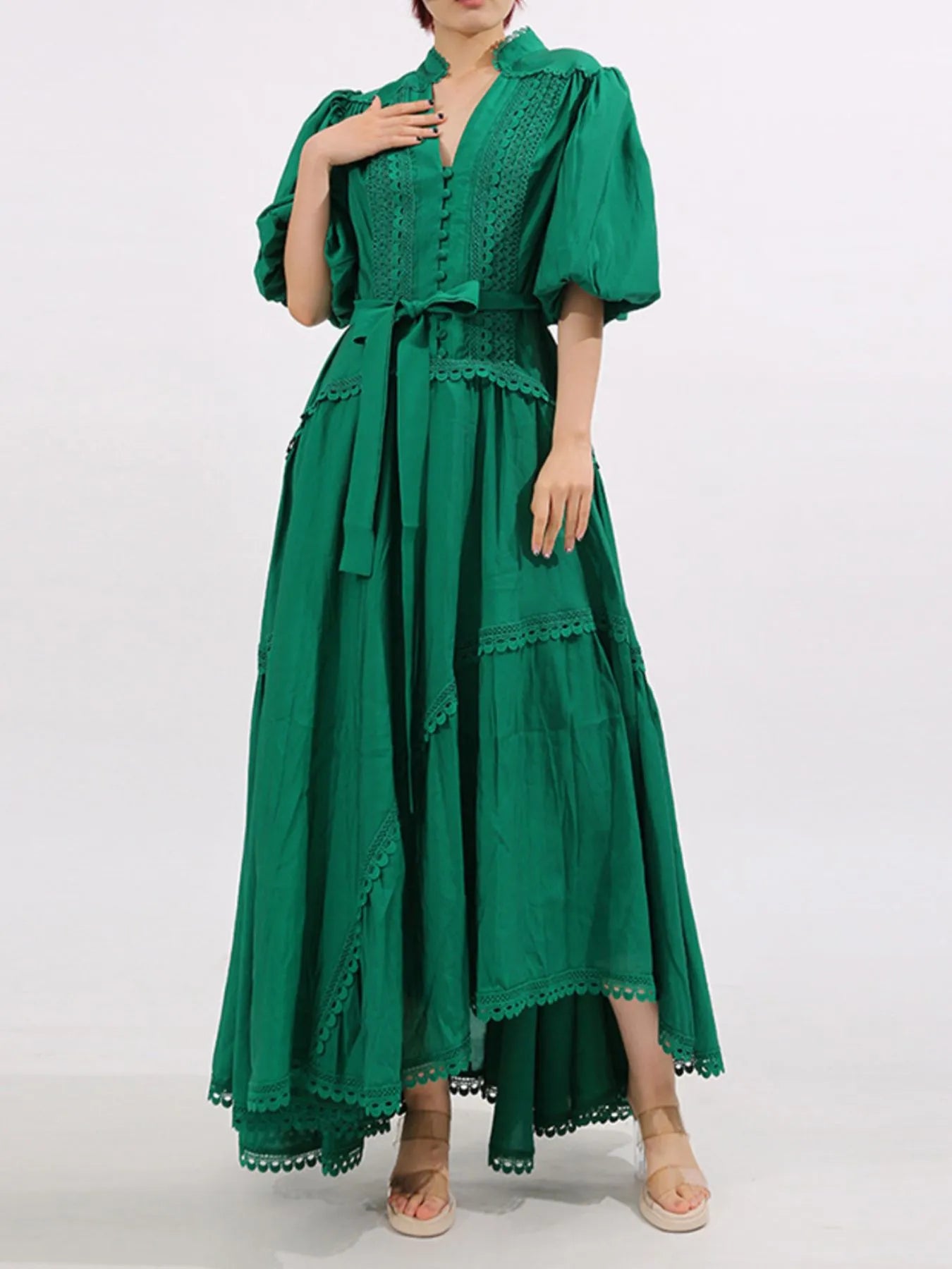Lace Detail Notched Puff Sleeve Maxi Dress