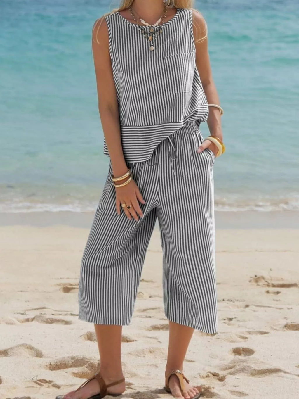 Striped Sleeveless Top and Cropped Pants Set