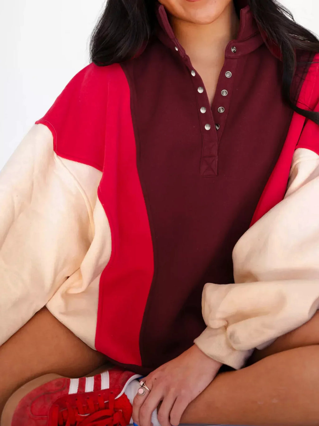 Color Block Patchwork Snap Button Oversize Hoodie