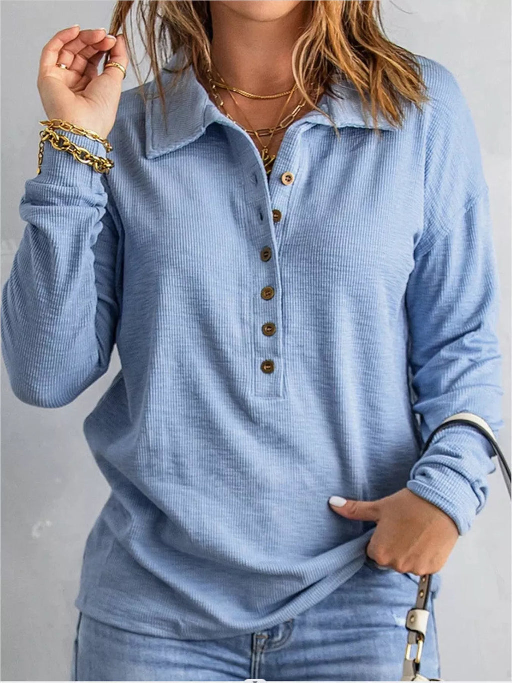 Full Size Button Detail Long Sleeve Top Plus Size