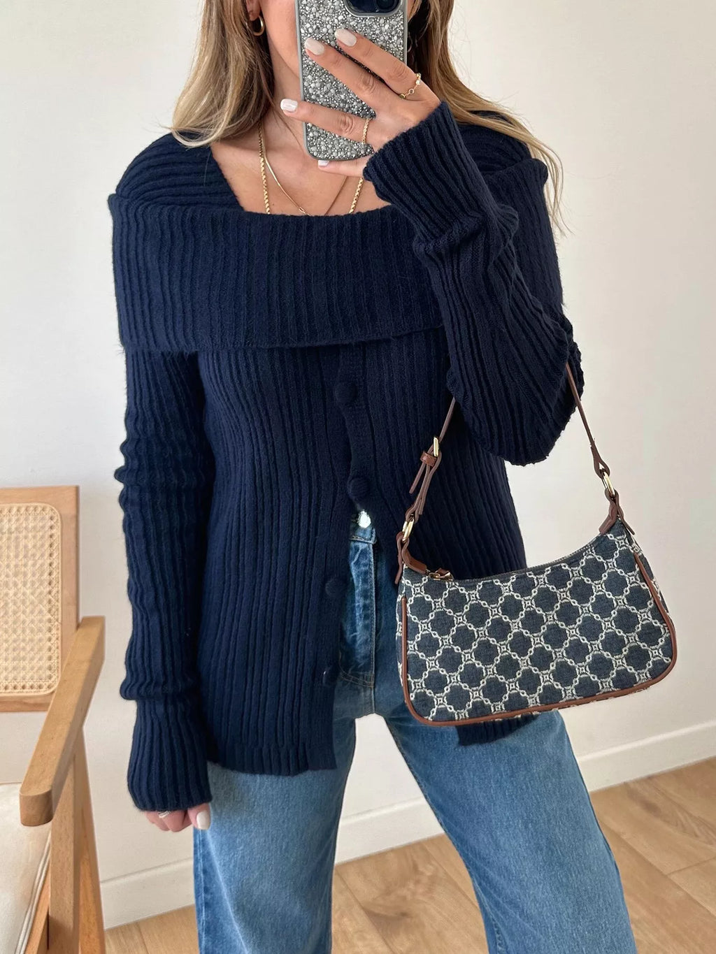 Textured Slit Front Long Sleeve Knit Top