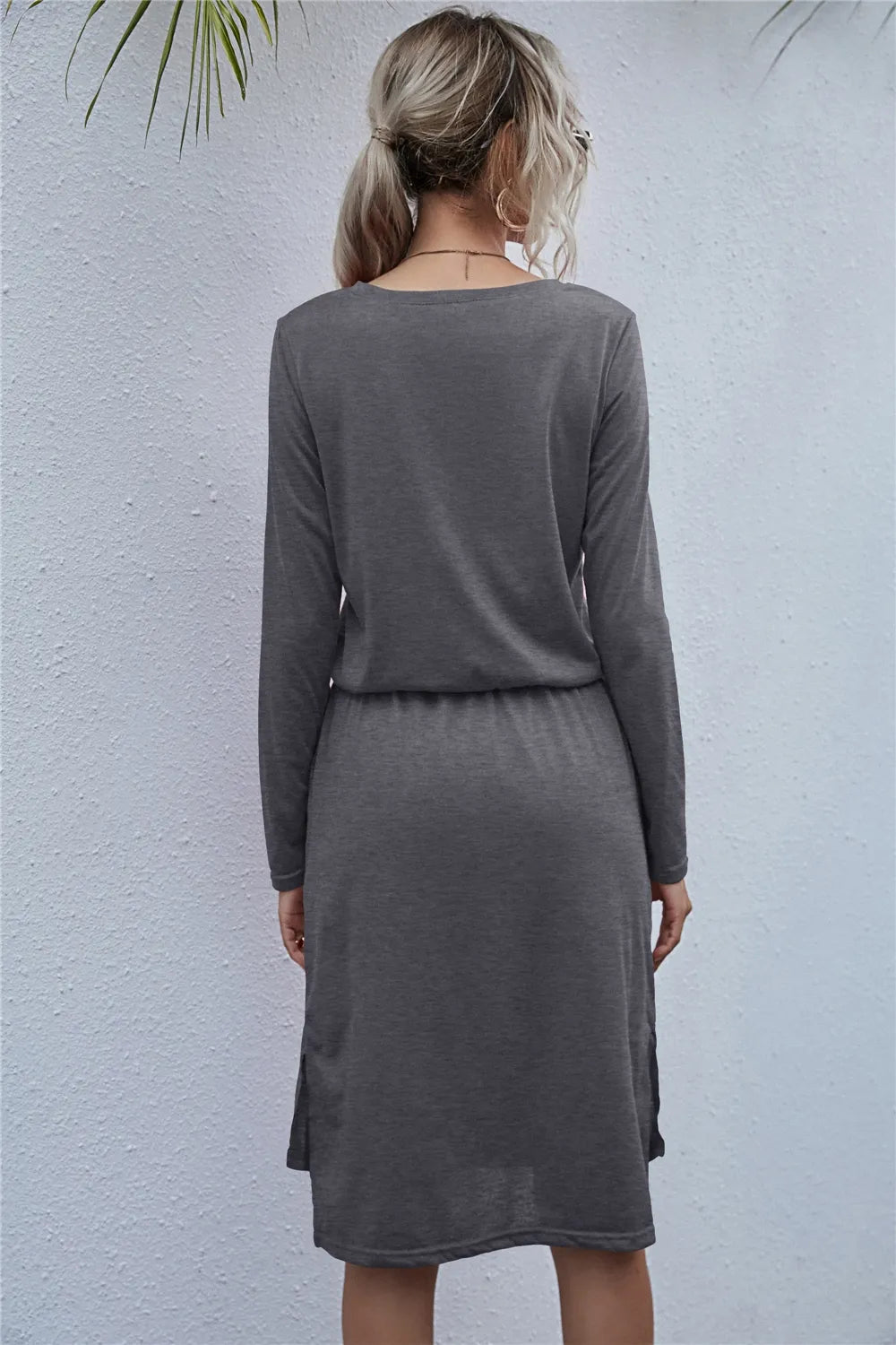 Drawstring Waist Round Neck Long Sleeve Dress