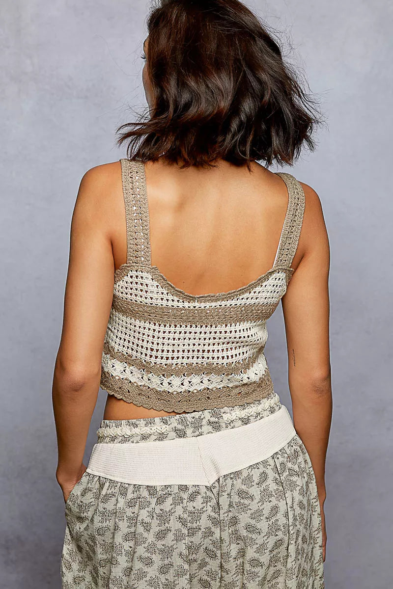 POL Floral Embroidered Cropped Crochet Cami with Scalloped Hem