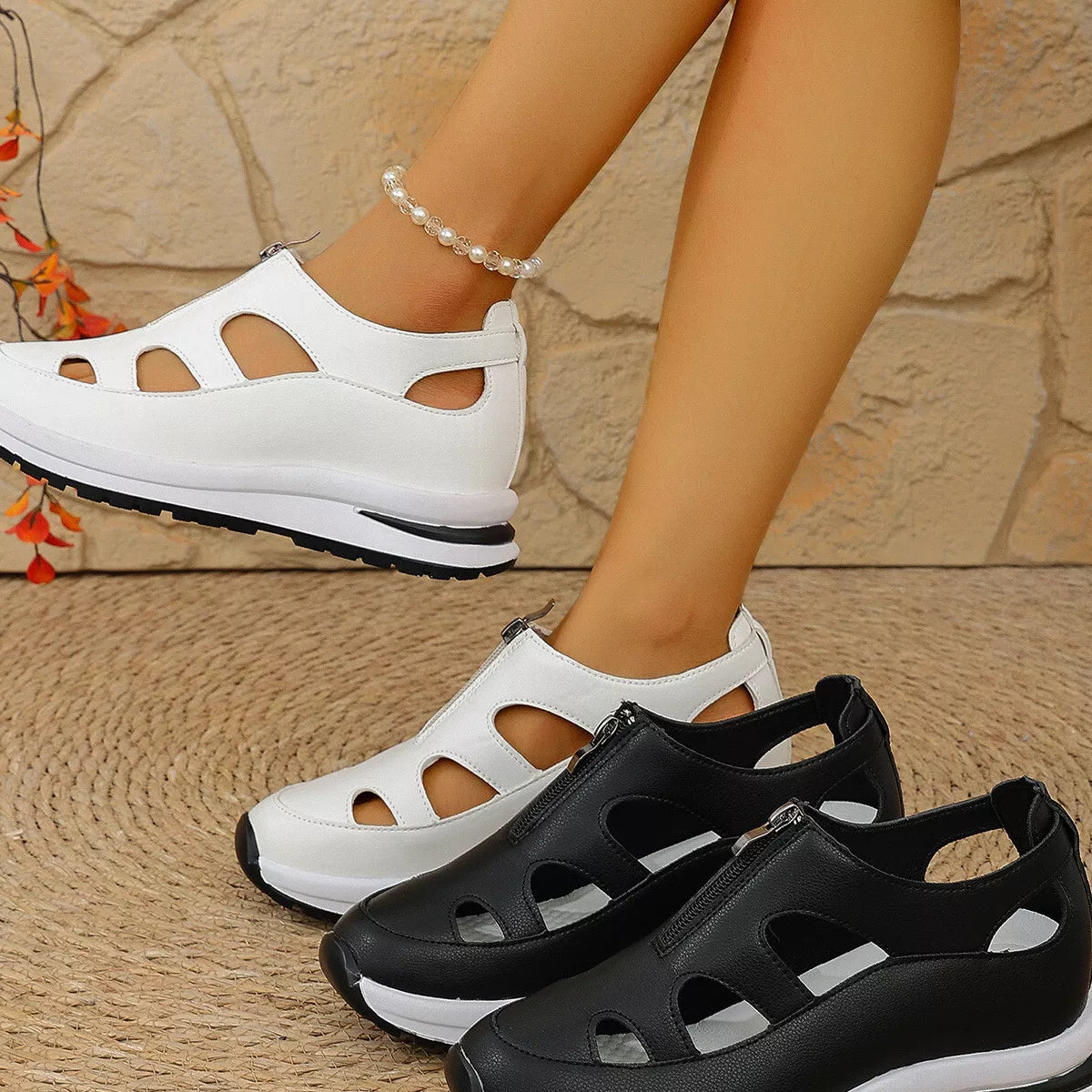 Cutout Zipper Wedge Sneakers