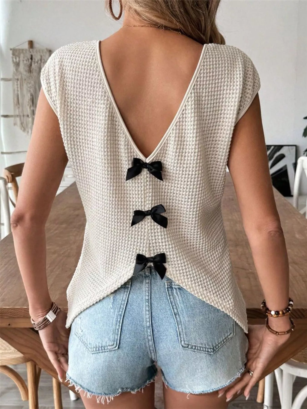 Waffle Knit V-Neck Cap Sleeve Top