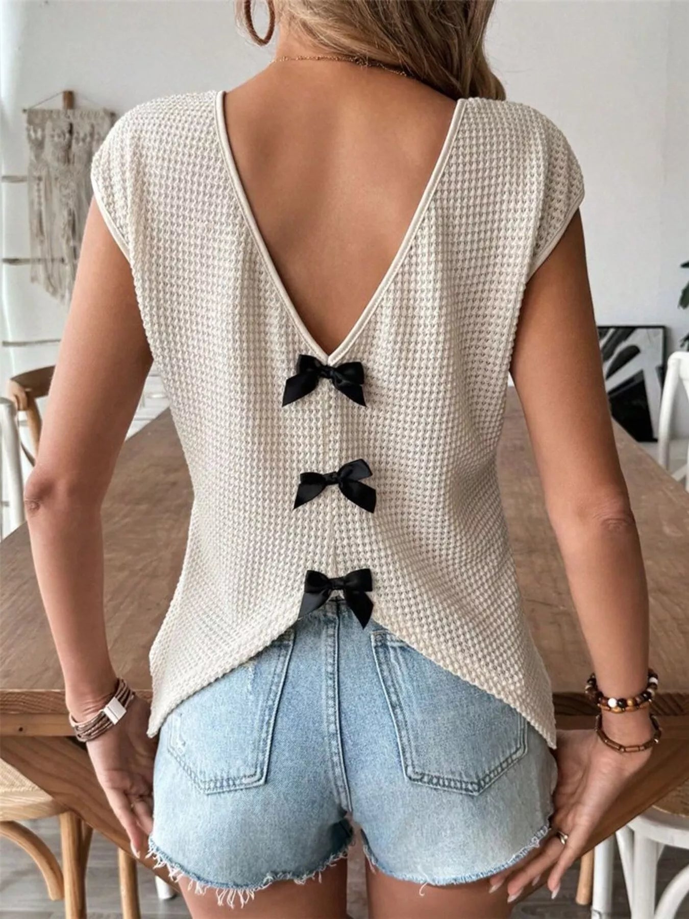 Waffle Knit V-Neck Cap Sleeve Top