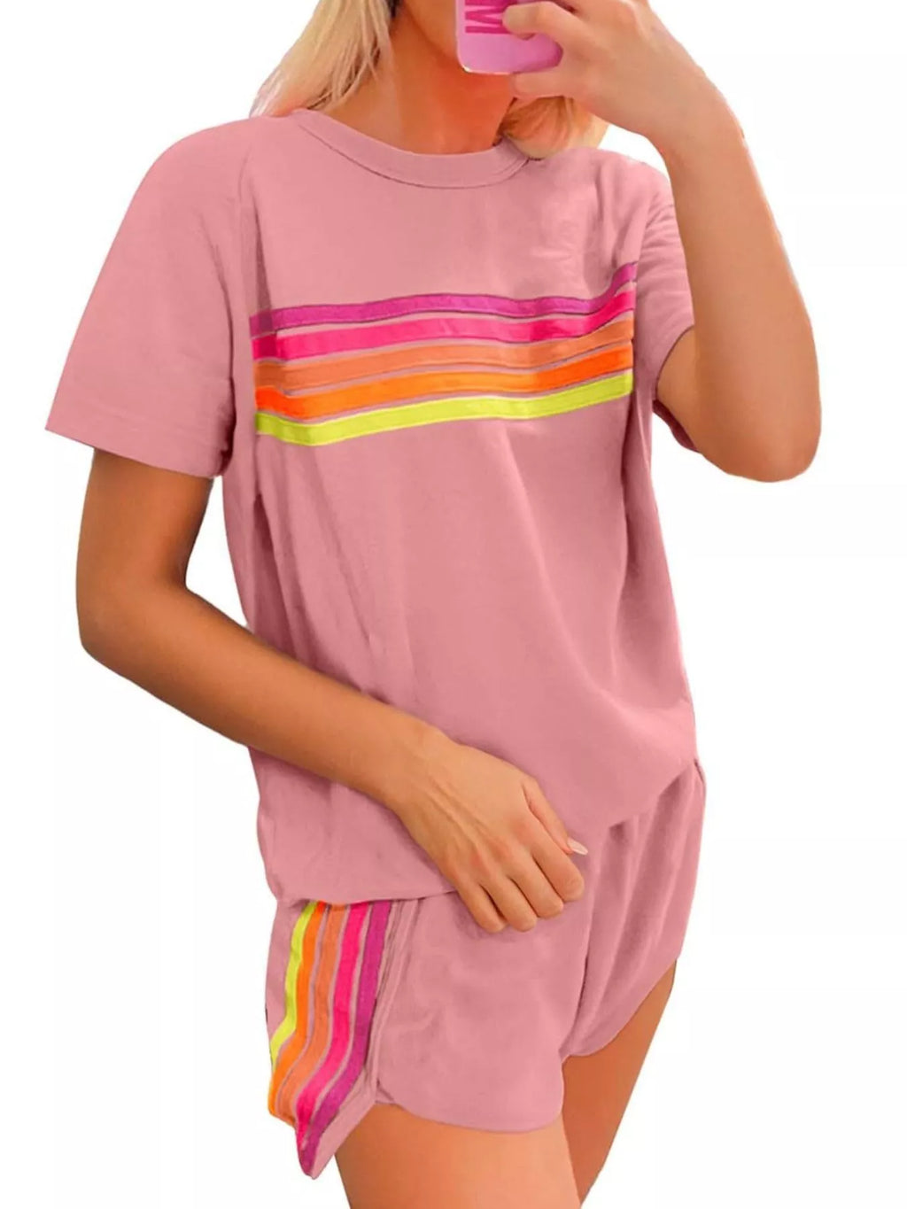 Rainbow Striped Round Neck Top and Shorts Set