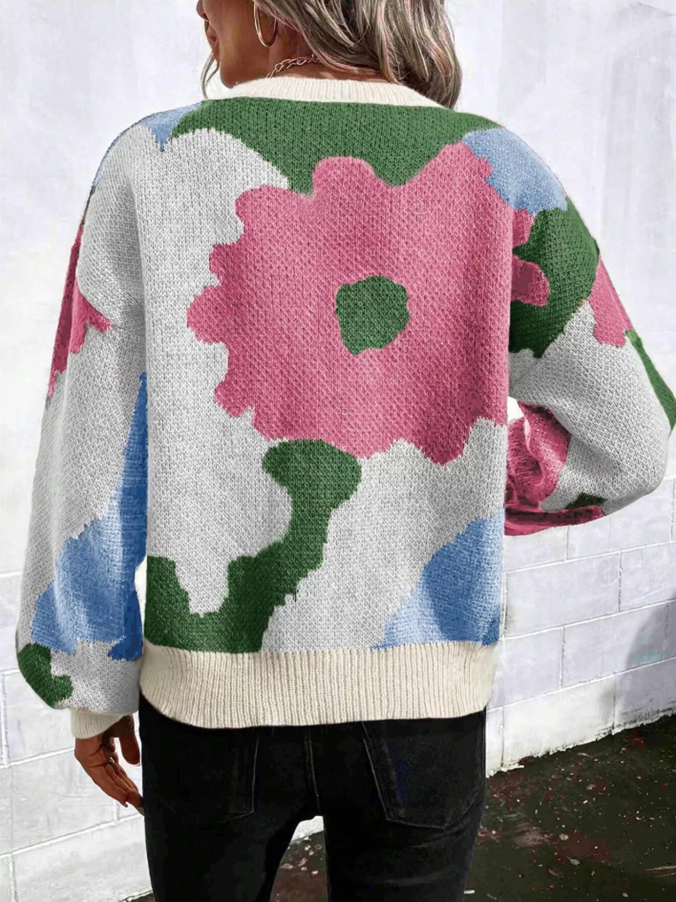 Floral Pattern Round Neck Sweater