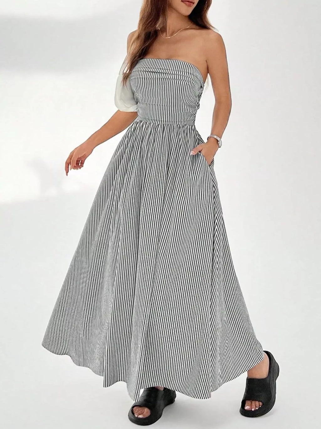 Striped Strapless Casual Maxi Dress