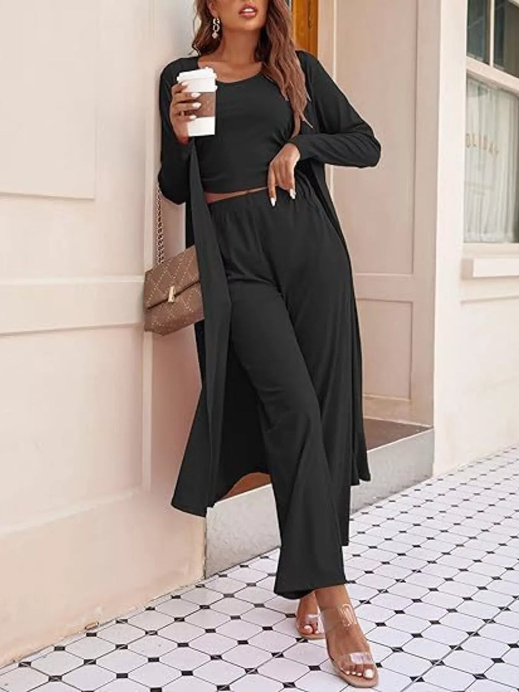 Round Neck Tank & Cardigan & Pants Set