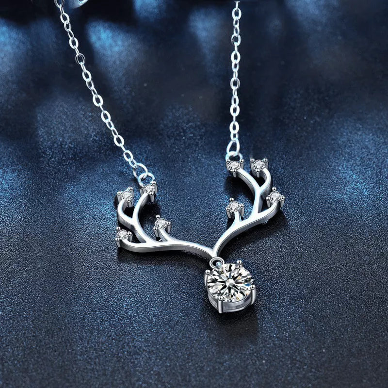 1 Carat Moissanite 925 Sterling Silver Deer Antler Pendant Necklace