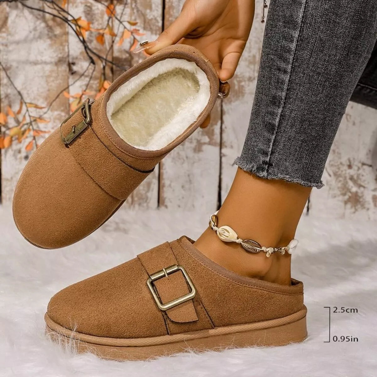 Buckle Decor Plush Lined Warm Slippers