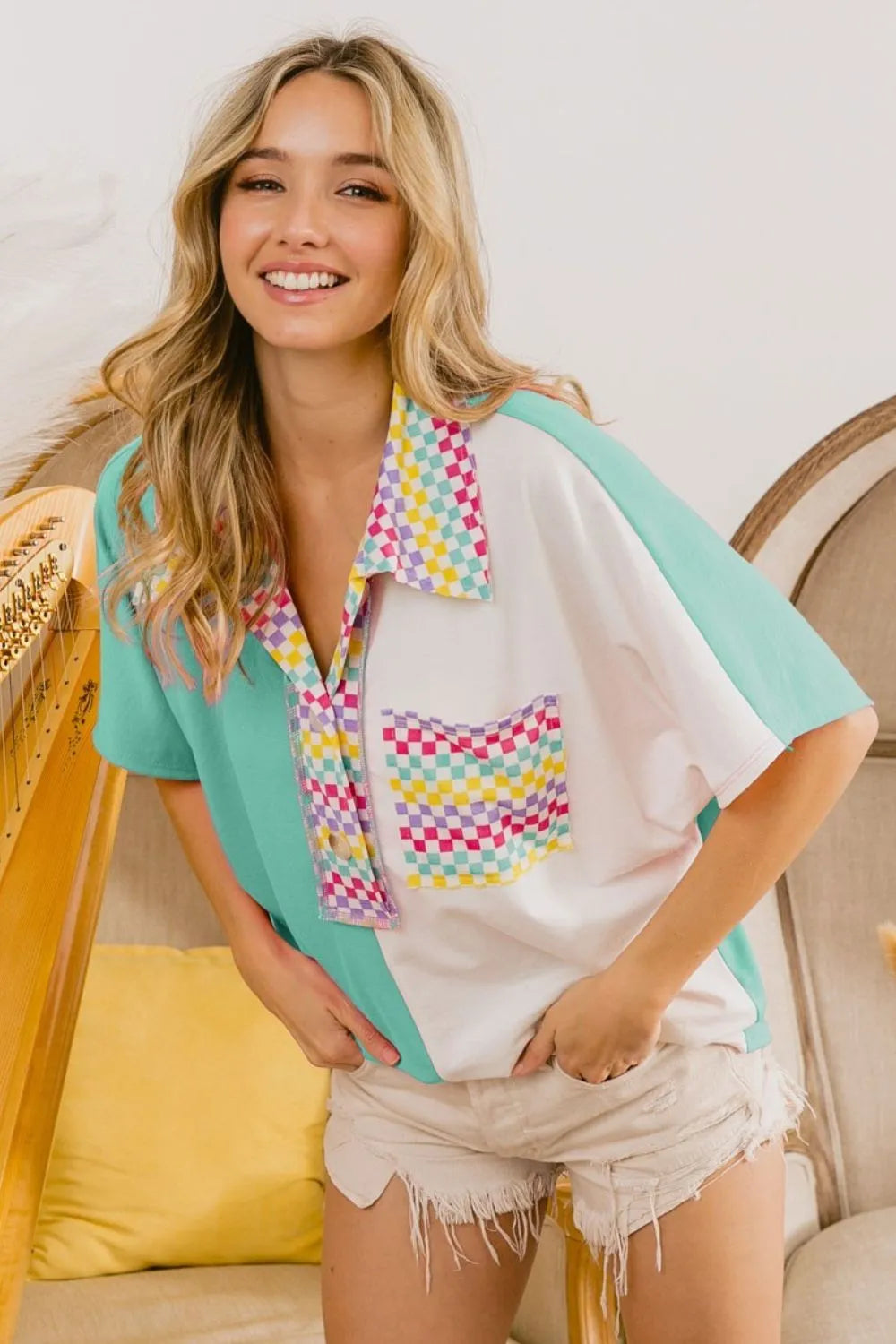 BiBi Color Block Knit with Multi Checker Contrast Top