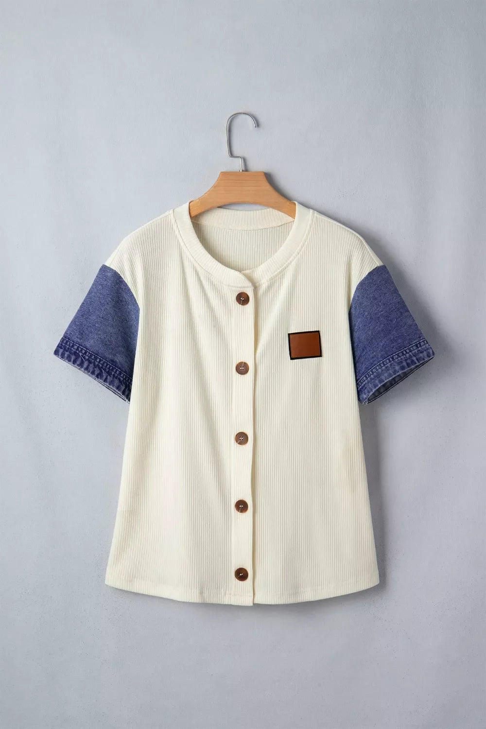 Ribbed Knit Button-Down Shirt with Denim Sleeves