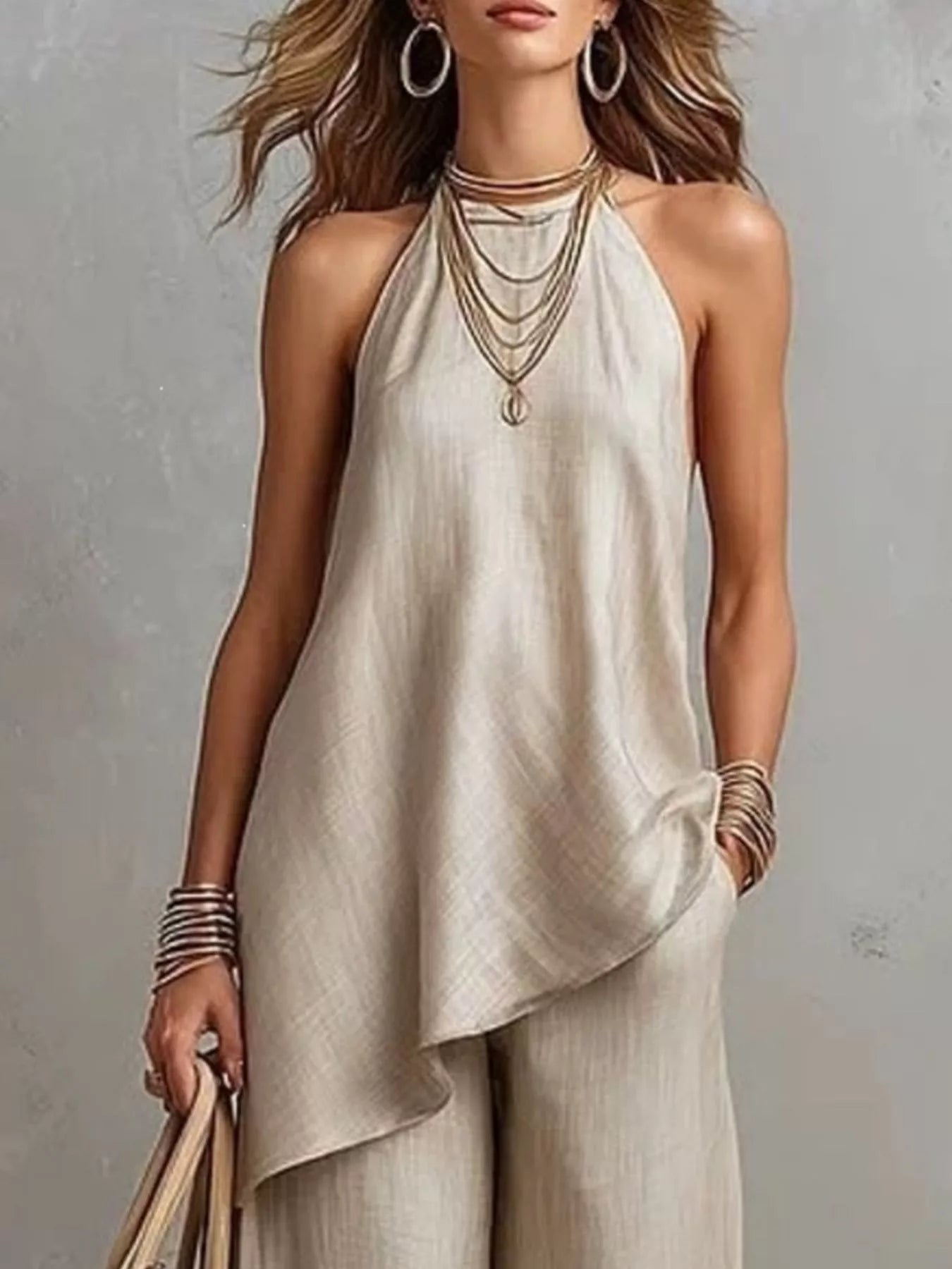 Full Size Asymmetrical Hem Cami and Wide Leg Pants Set Plus Size