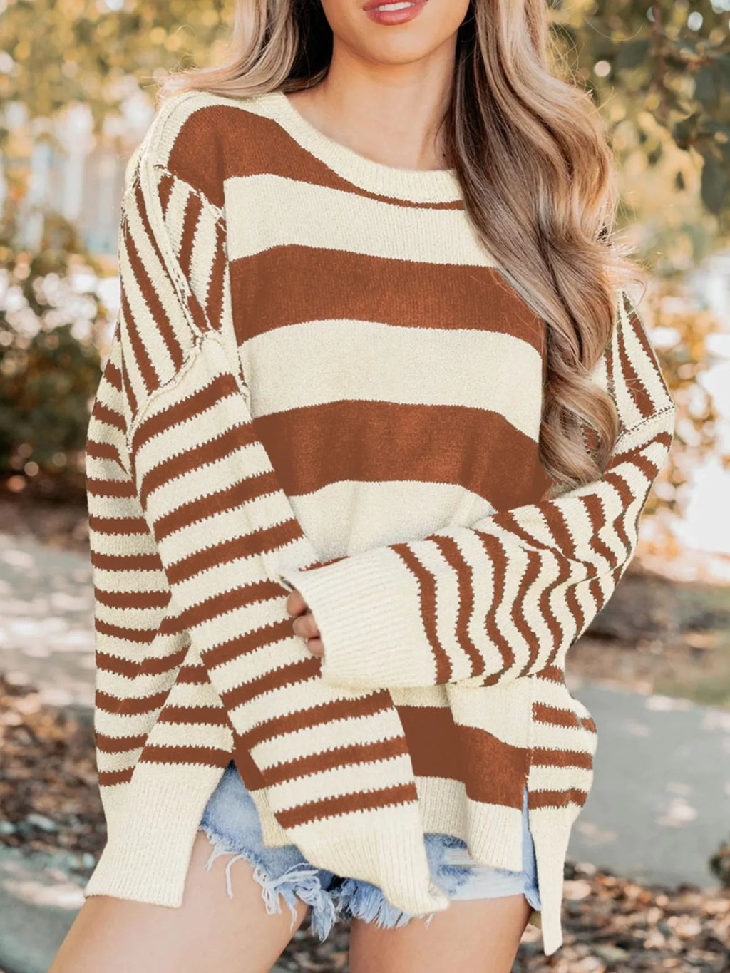 Stripe Drop Shoulder Sleeve Patchwork Baggy Sweater