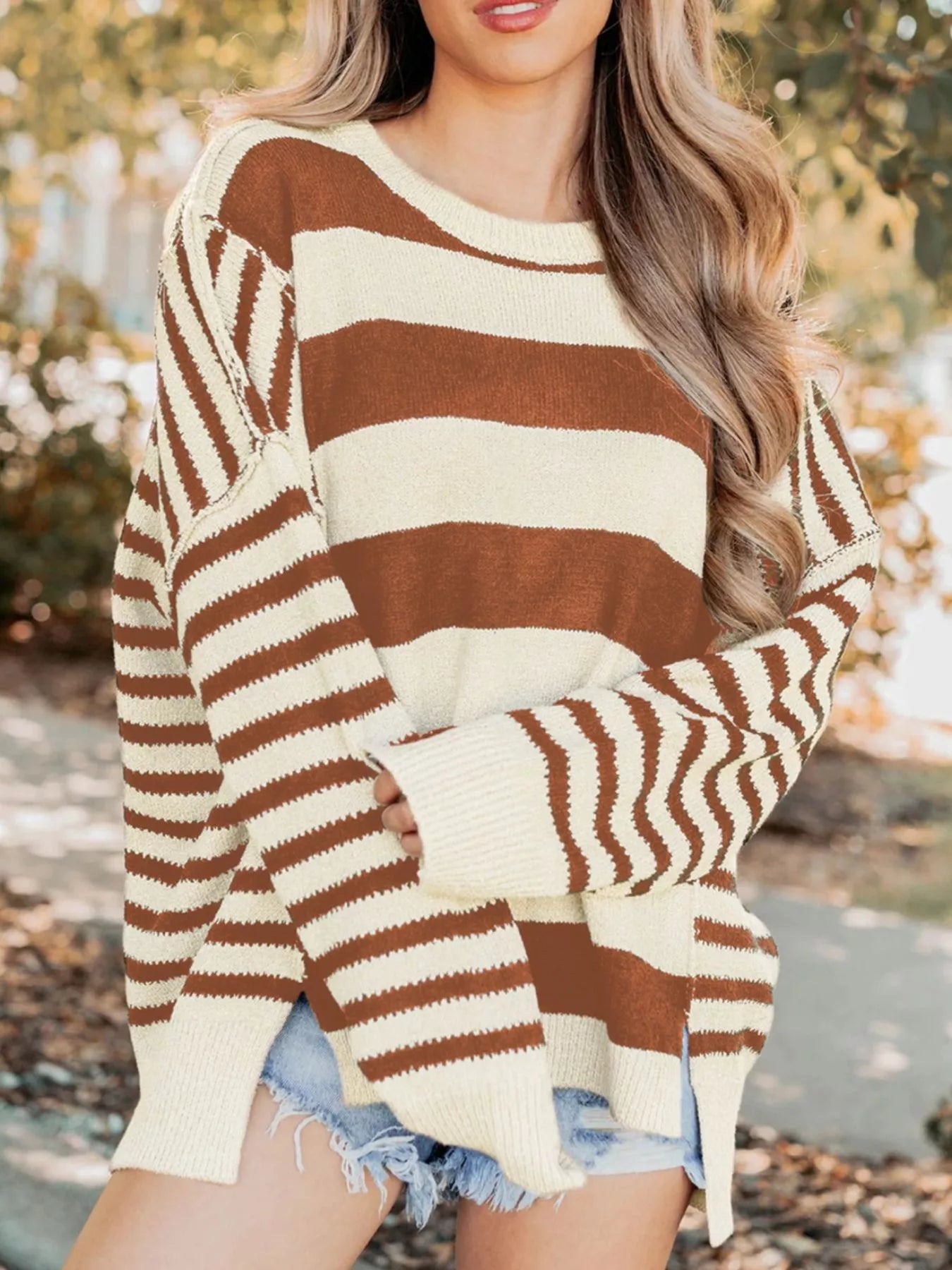 Stripe Drop Shoulder Sleeve Patchwork Baggy Sweater