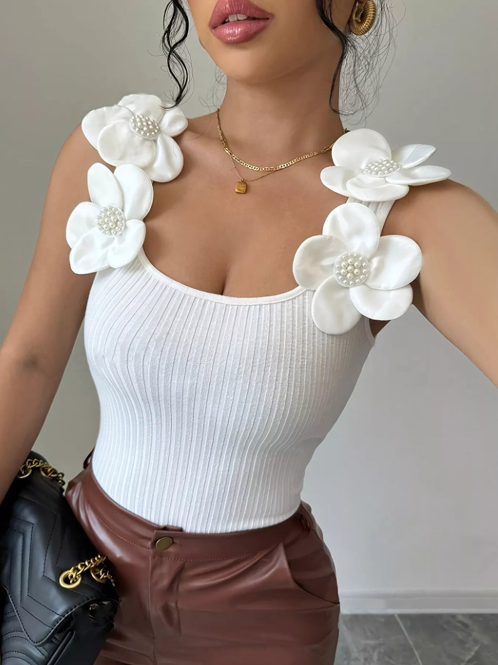 Floral Applique Ribbed Tank Top