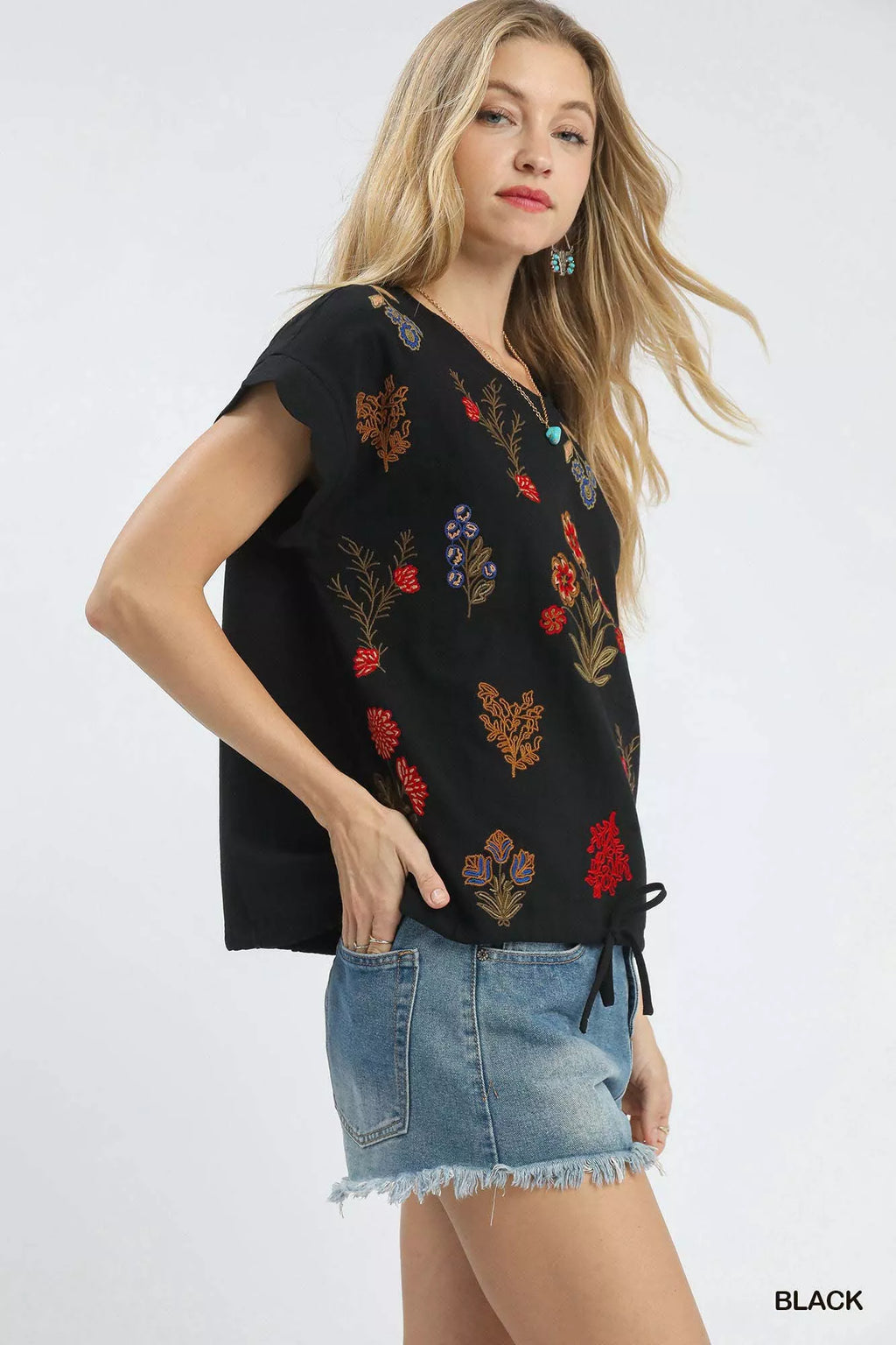 Umgee Embroidered Scallop Sleeve Top with Drawstring Hem