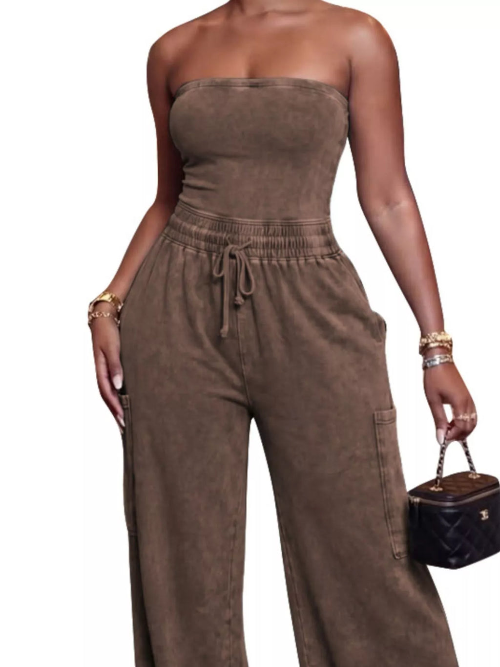 Drawstring Strapless Wide-Leg Jumpsuit