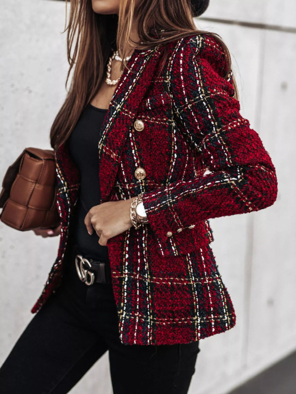 Full Size Plaid Tweed Double-Breasted Blazer Plus Size