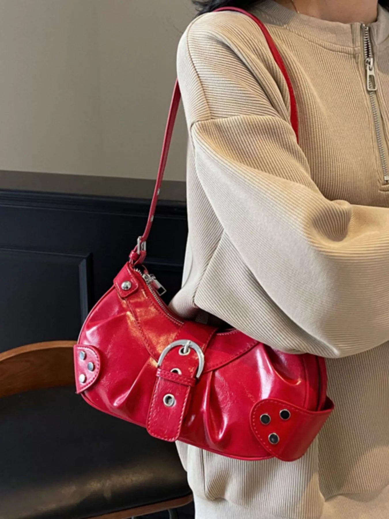 Studded Buckle Shoulder Bag