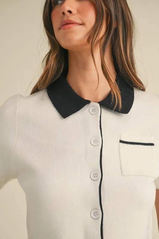 MABLE Button Down Contrast Collared Knit Cardigan
