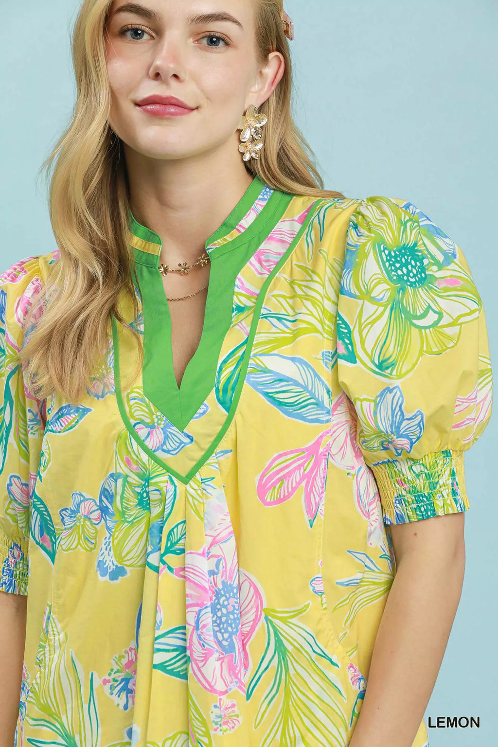 Umgee Botanical Print Dress with Smocked Cuffs