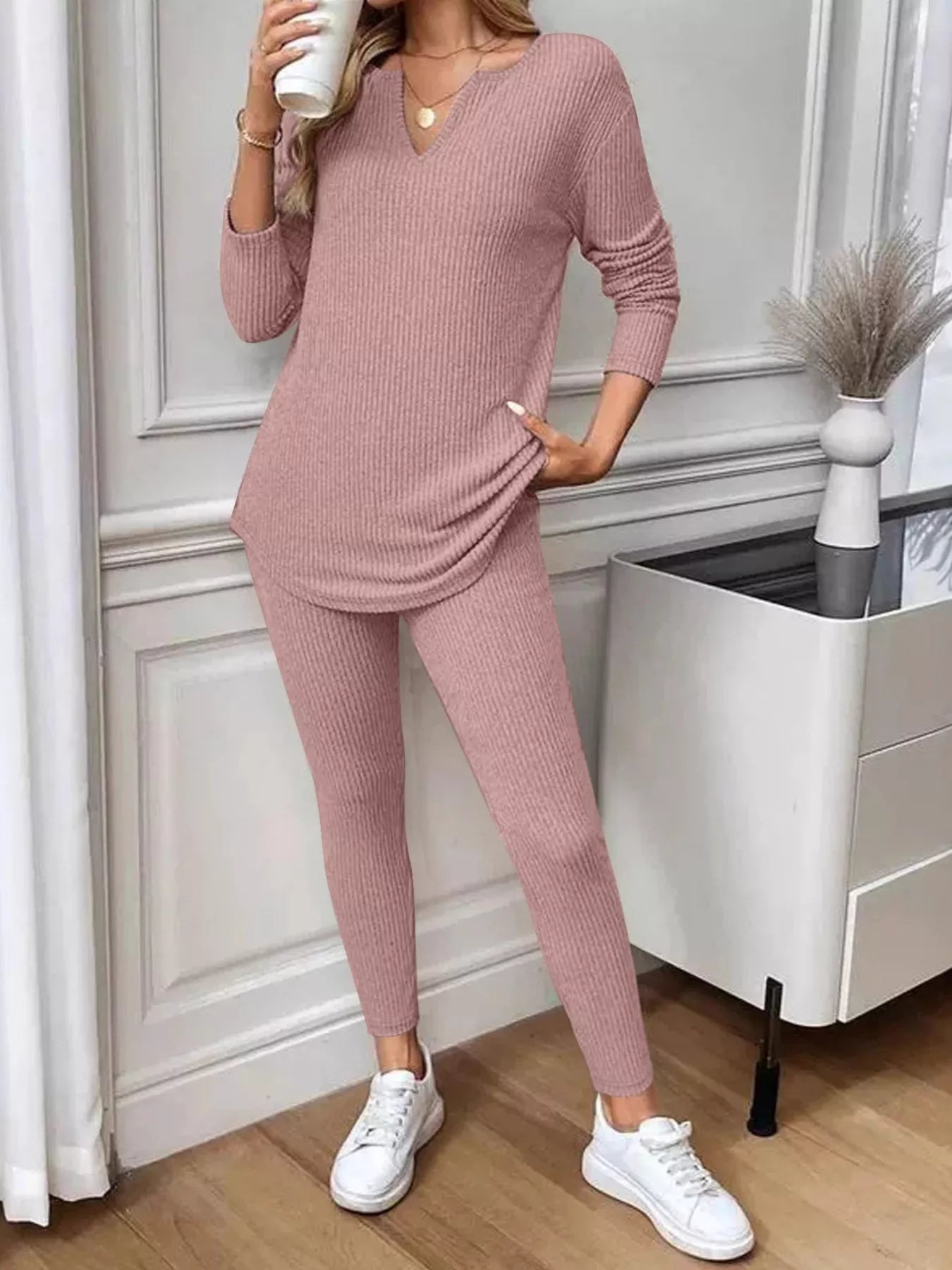 Ribbed Knit Long Sleeve Top and Pants Set