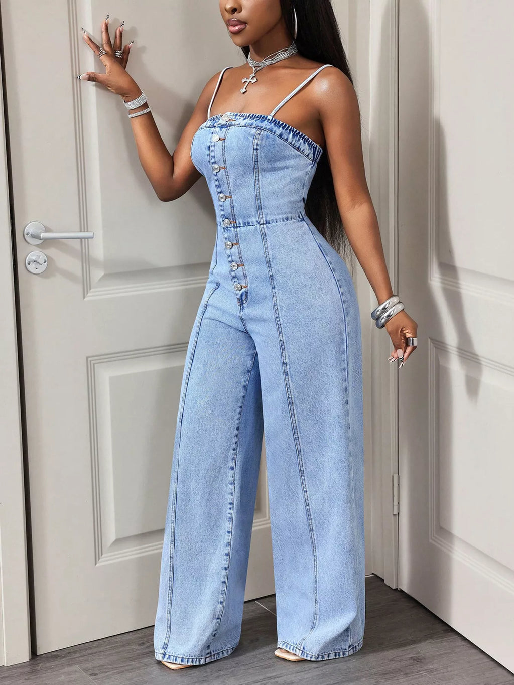 Button-Down Wide Leg Denim Jumpsuit