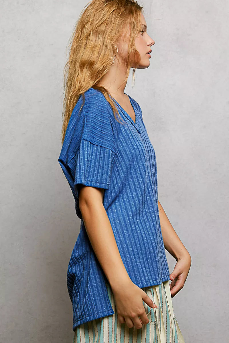 POL Ribbed Knit V-Neck Short Sleeve T-Shirt with Side Slit