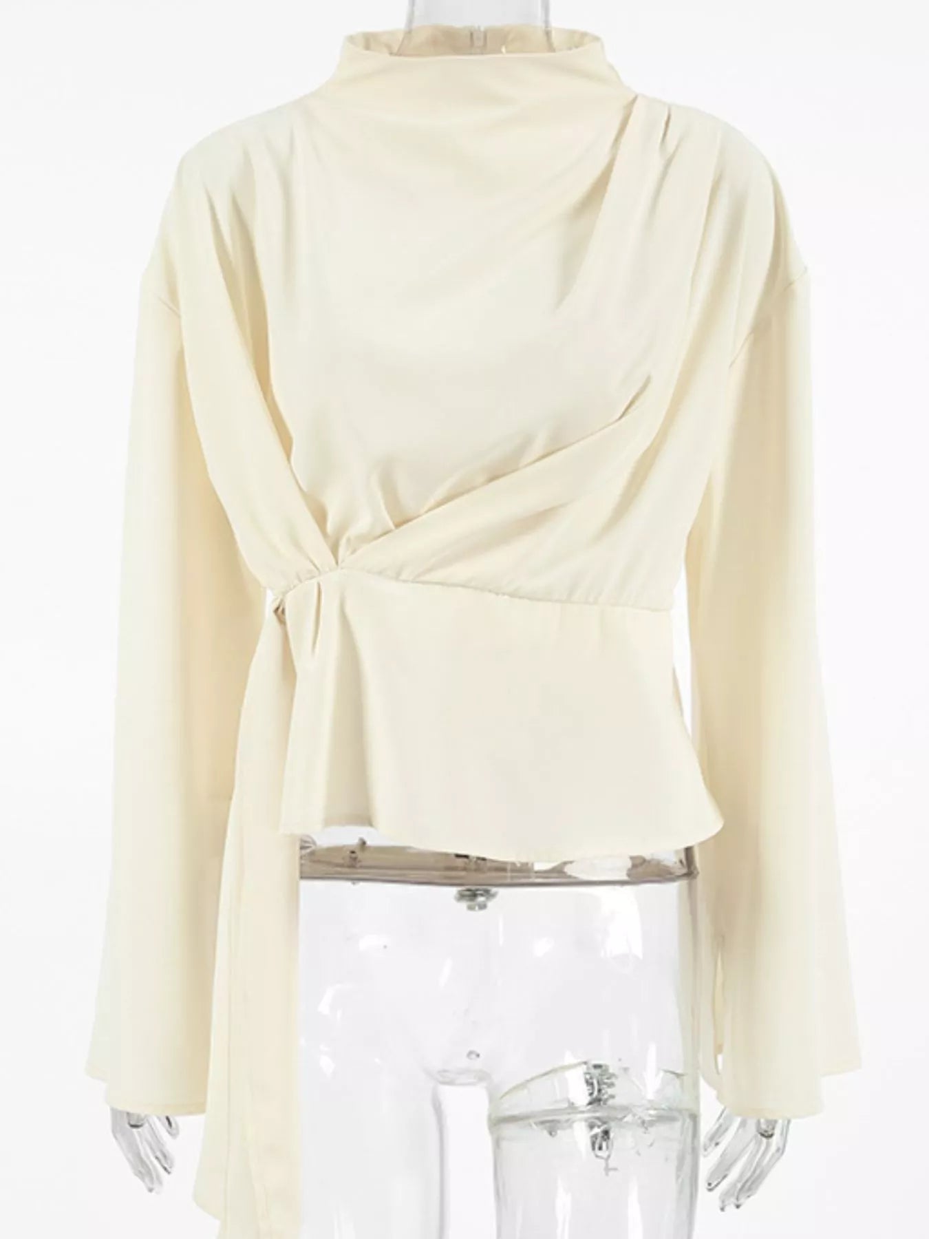 Ruched Mock Neck Long Sleeve Blosue