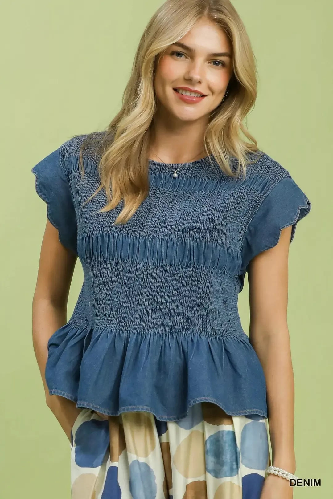 Umgee Smocked Peplum Top with Scalloped Ruffle Cap Sleeves