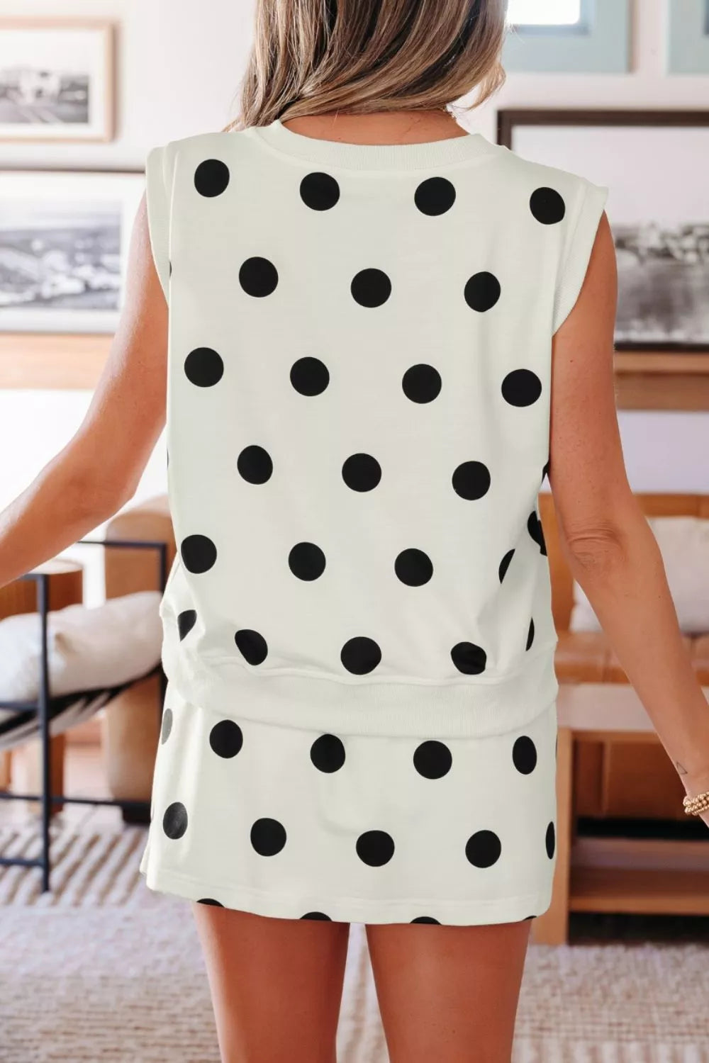 Ribbed Trim Polka Dot Print Tank Split Mini Skort 2pcs Set
