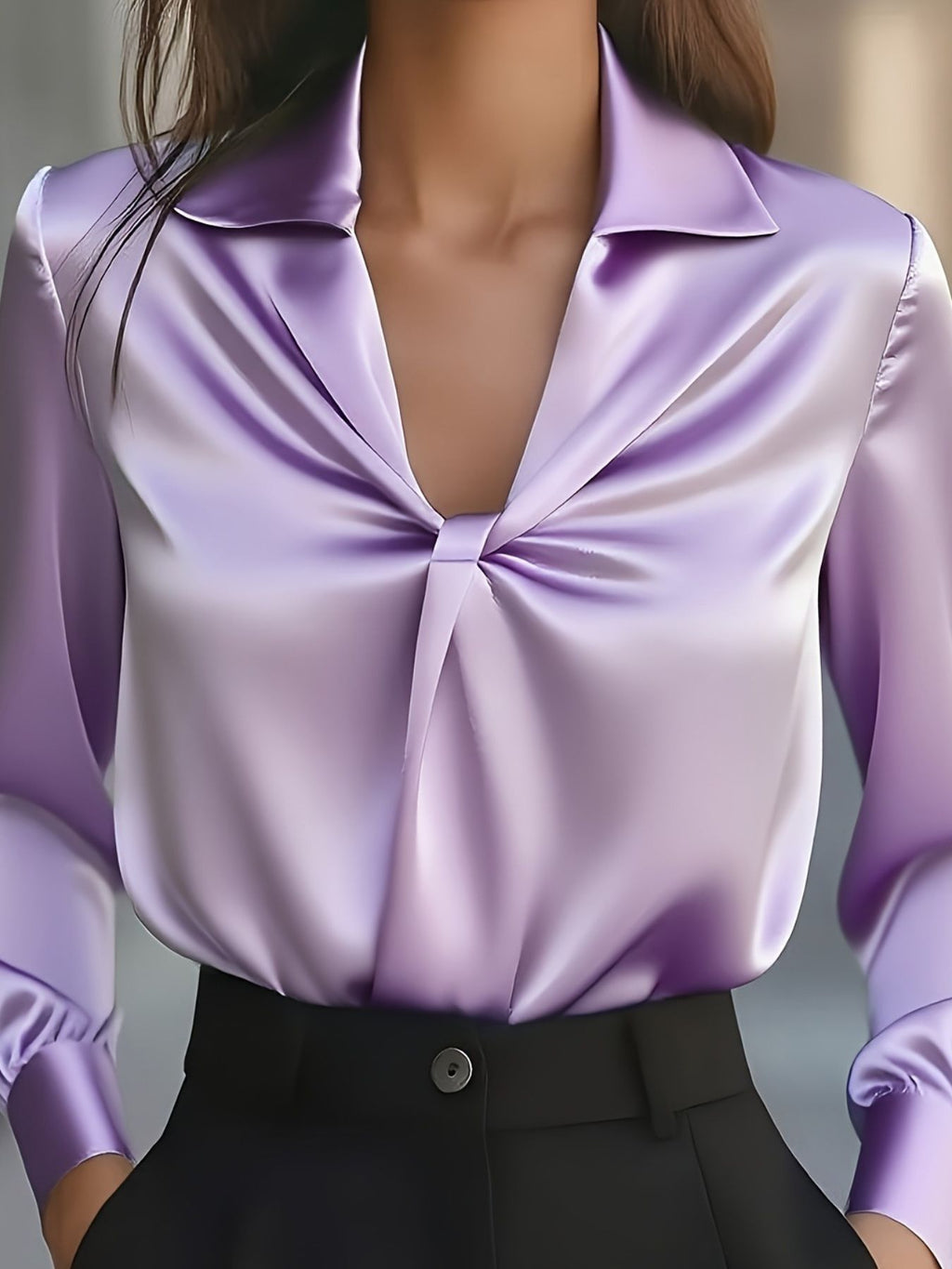 Ruched Collared Neck Long Sleeve Blouse