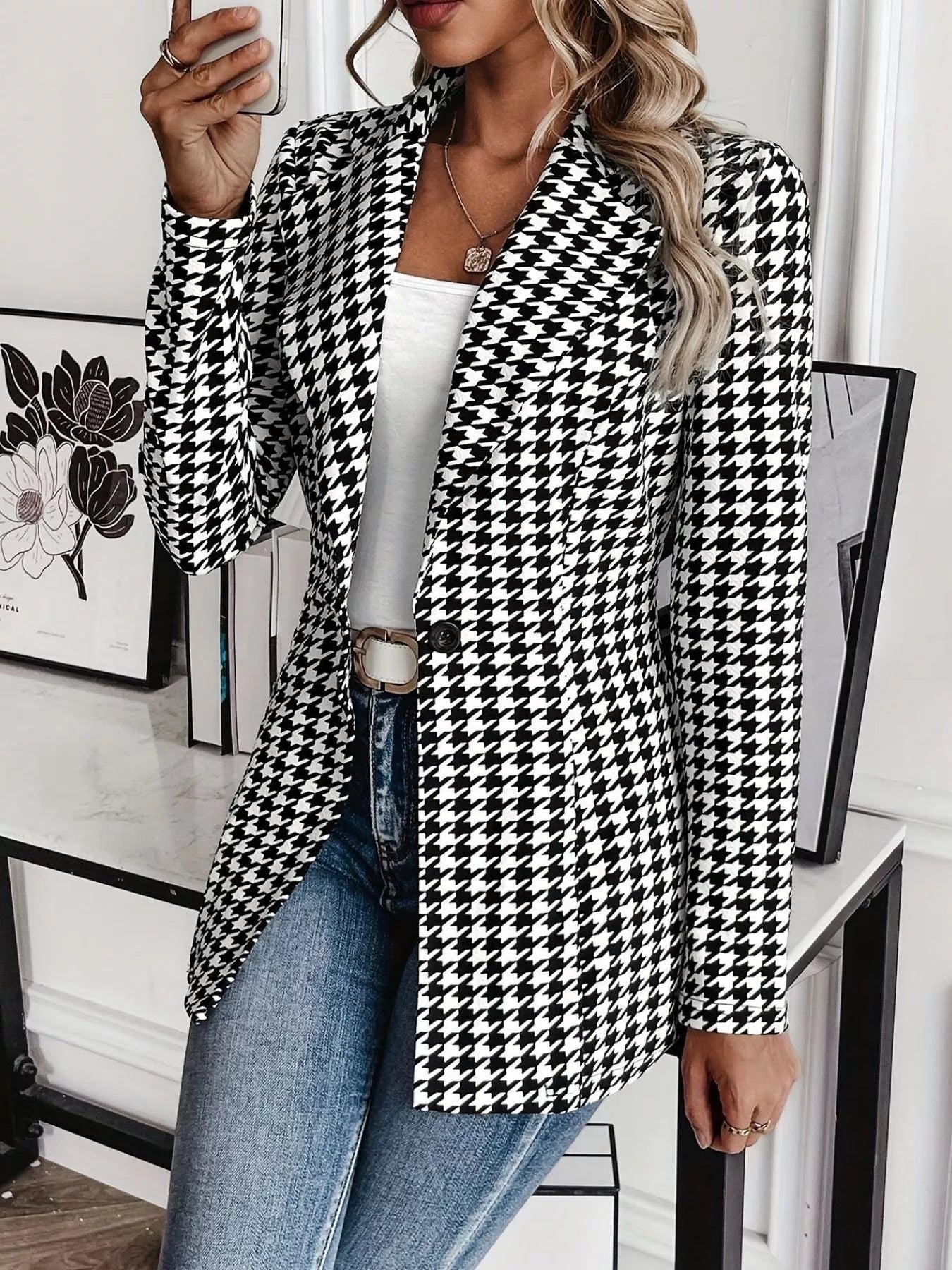 Houndstooth Print Lapel Collar Blazer
